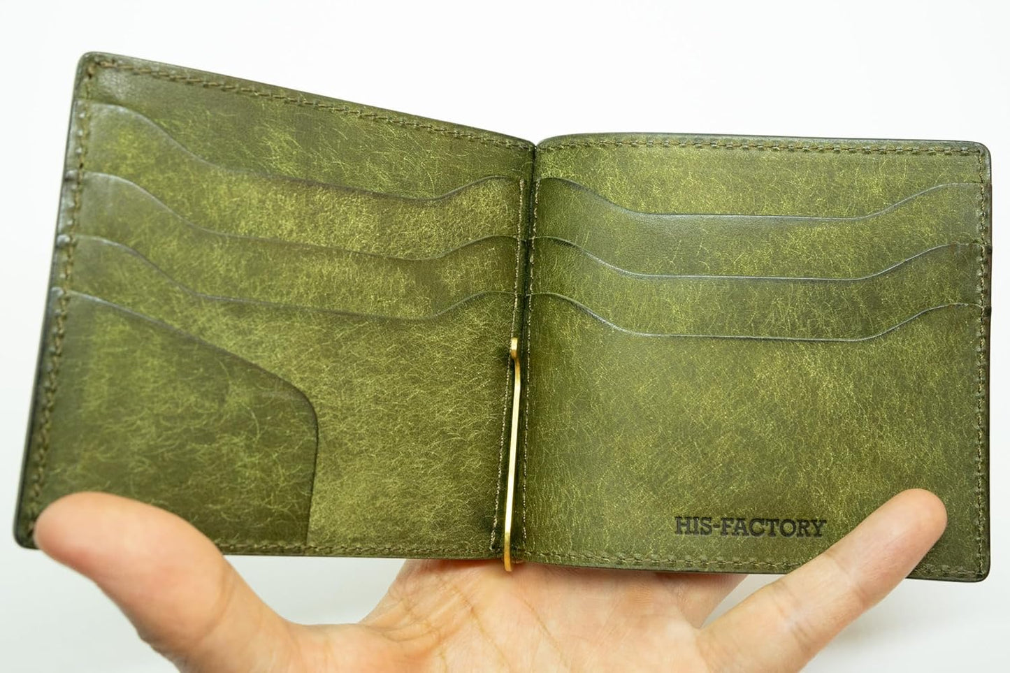 Hizu Factory Pueblo Genuine Leather Money Clip (with Coin Pocket) Made in Japan Artisan Handmade, oliva