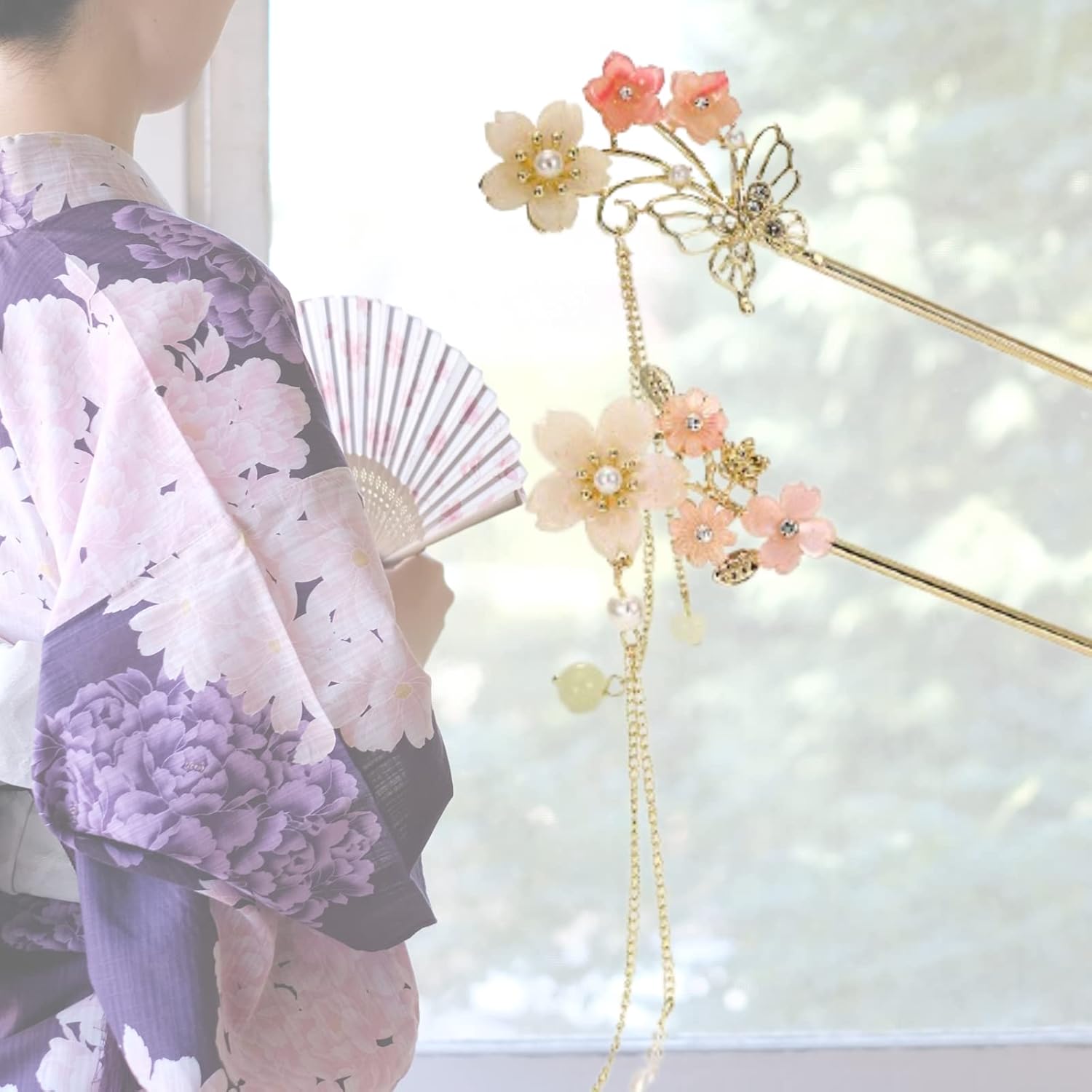 EZ PEACH Cherry Blossom Flower Pearl Hairpin Hair Clip Bangs Hair Closure Kimono Kimono Hair Accessory