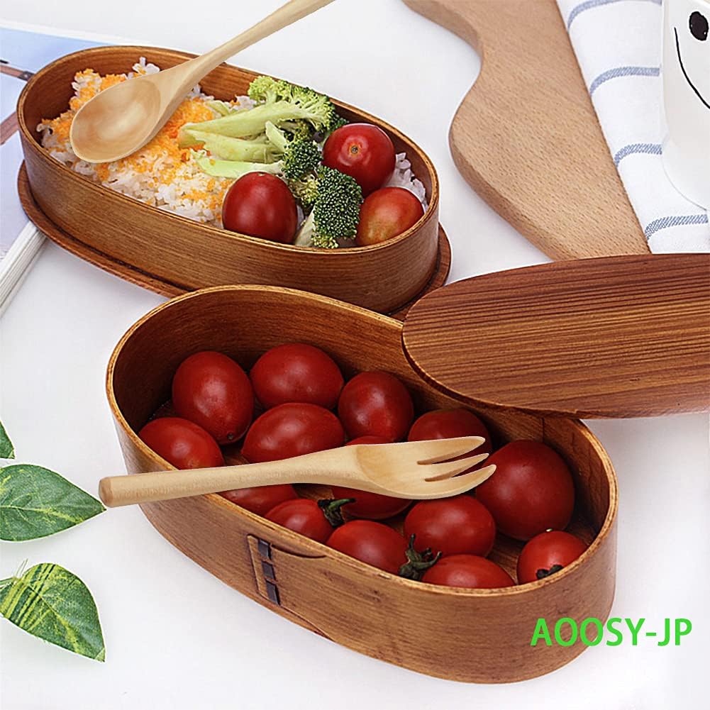 AOOSY Bento Box 1000ml Small 2-Tier Natural Lacquered Magewappa Lunch Box Lightweight Bento Box with Wooden Spoon and Fork for Commuting, School, Handmade Large Capacity Bento Box for Boys, Girls