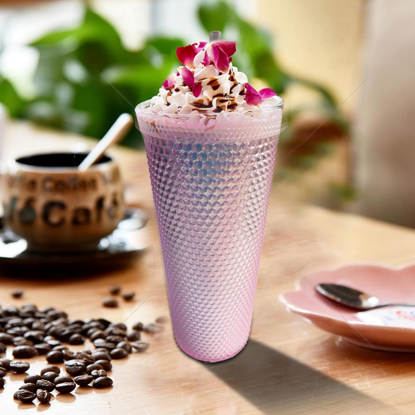 Vaso con Tachuelas con Pajita, Vasos con Tapas y Pajitas, Vaso Rosa con Pajita, Vaso Texturizado Sin BPA de Plástico de Doble Pared para Café Helado, Bebidas Frías o Agua 24 oz