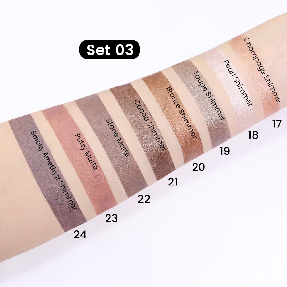 Juego de 8 piezas de barras iluminadoras de sombra de ojos en crema, champán perla gris topo bronce cacao piedra masilla amatista ahumada con brillo mate, lápiz delineador de ojos, barra aplicadora