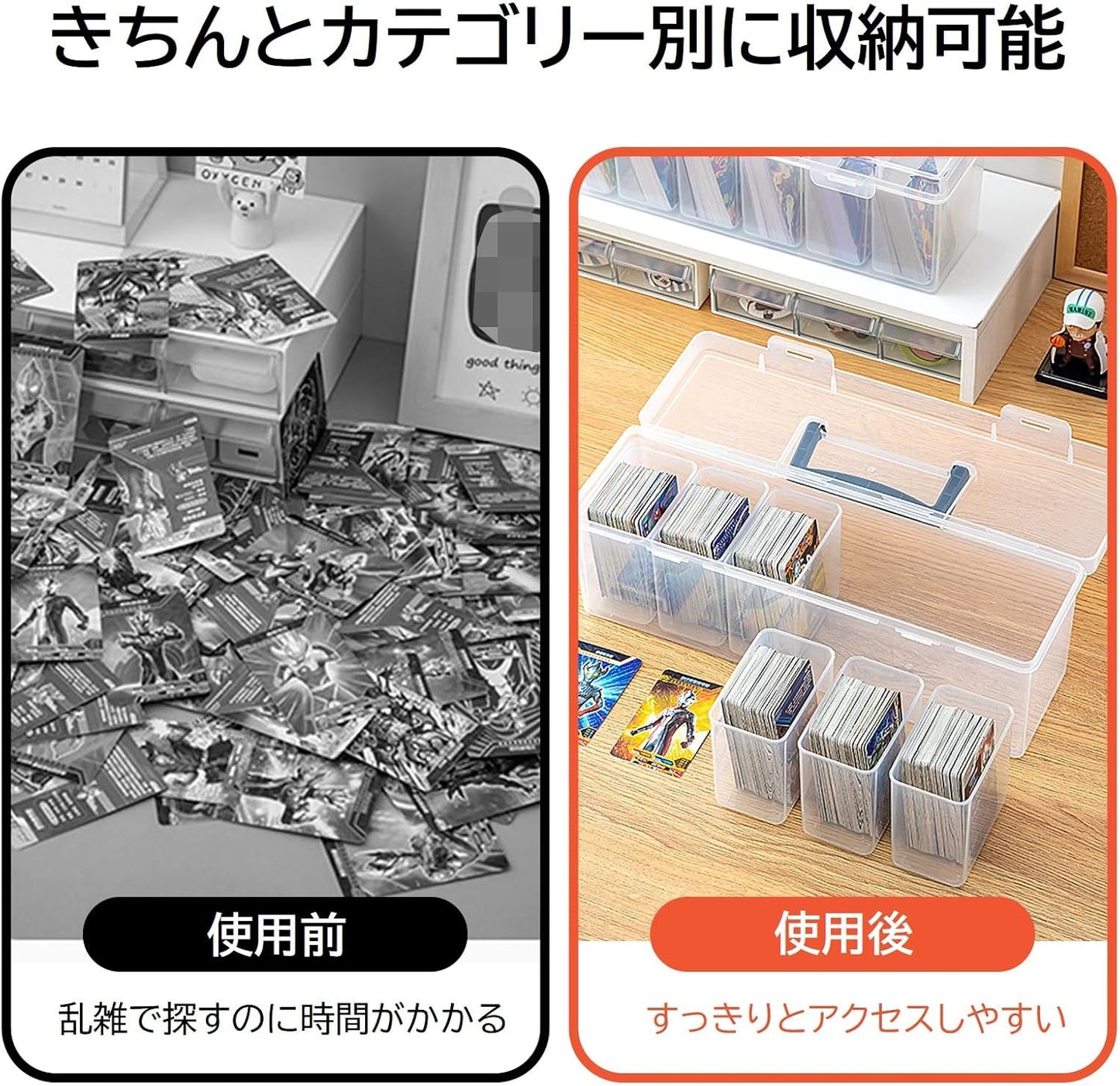 koundeneko Long Card Box with Handle, Large Capacity, Trading Card Case, Vertical Slots, 6 Pieces, Divided Case, Includes Lid, Transparent, Waterproof, Dustproof, Easy to Clean, Card Organization,