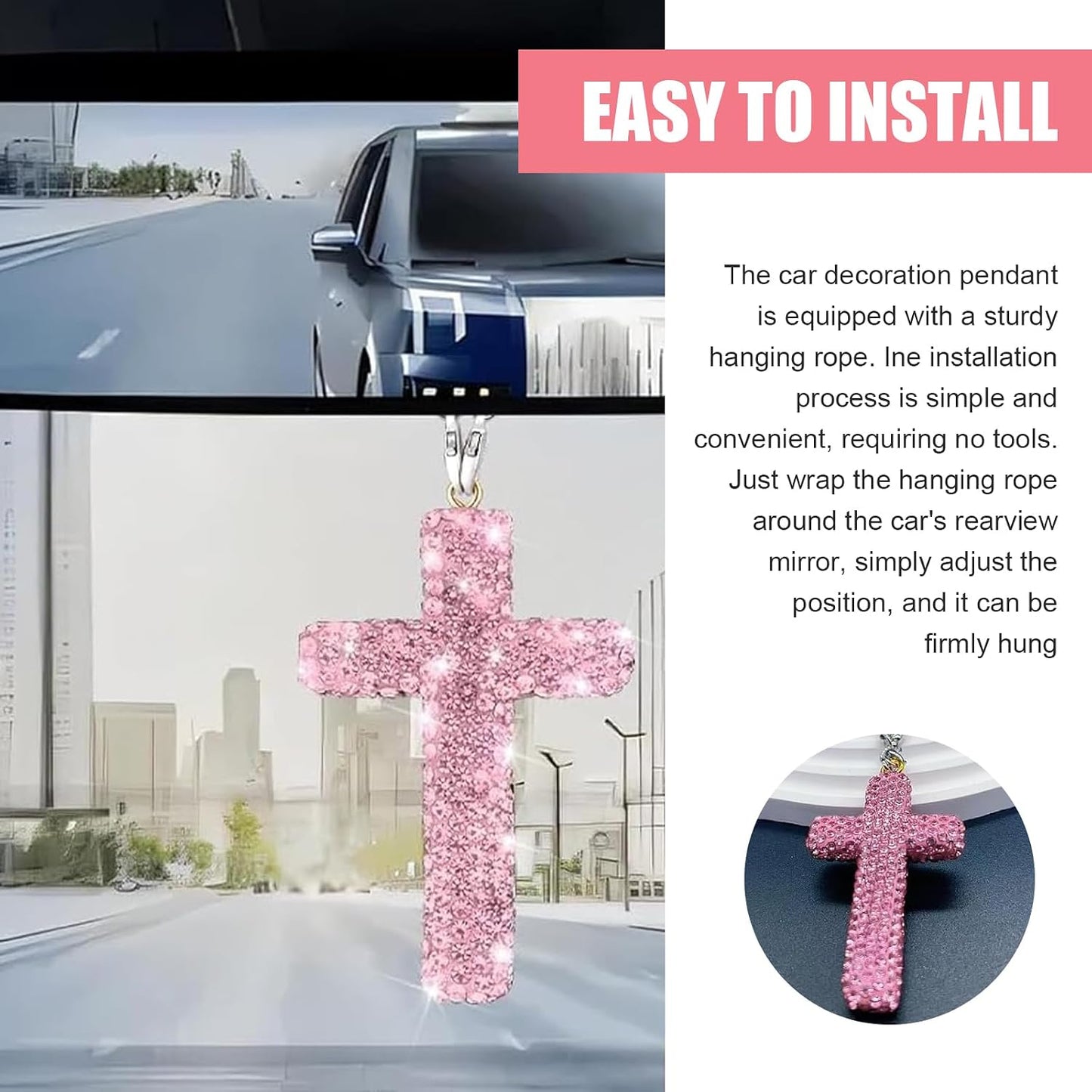 Adorno colgante de cruz brillante para automóvil, colgante de cruz de diamantes de imitación brillantes para espejo retrovisor de automóvil, colgante de decoración de espejo retrovisor de