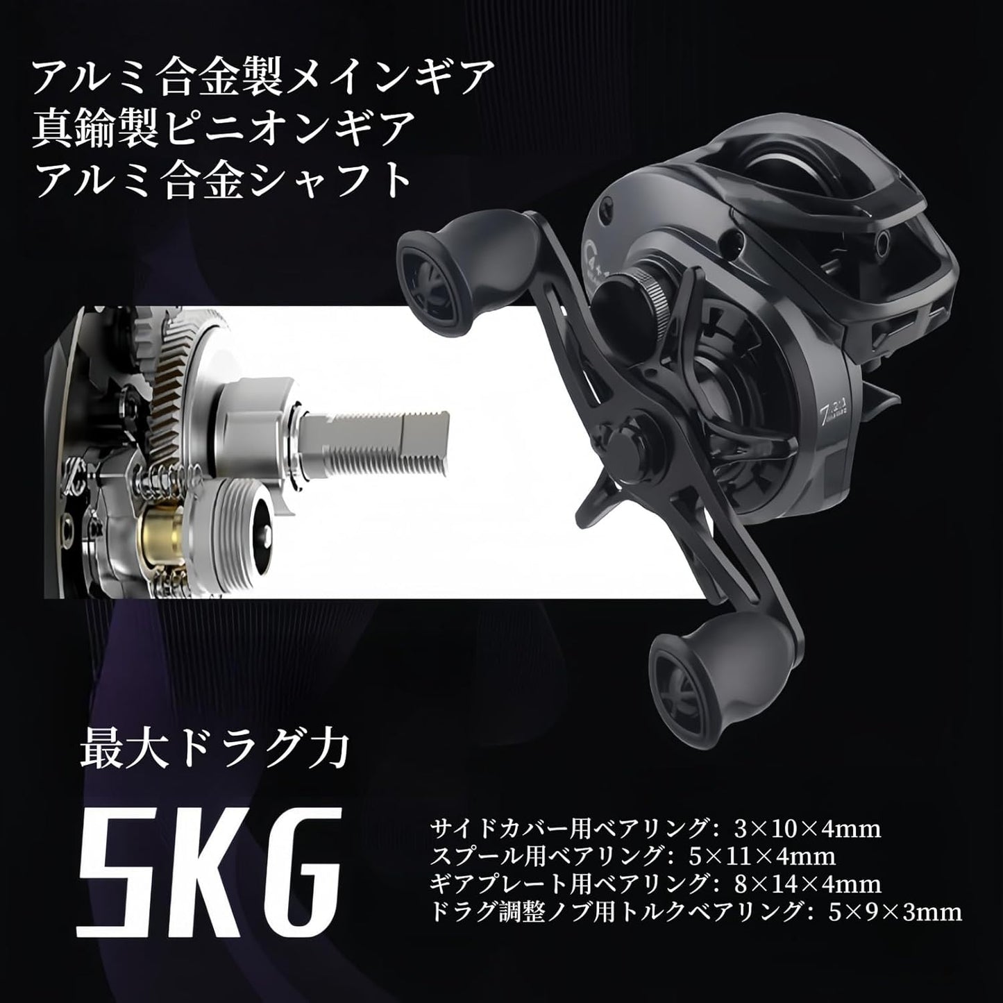 遠投対応ベイトリール バックラッシュ防止 高精度ブレーキシステム DC音付く 低慣性スプール 4+1BB 180g自重 7.2:1ギア比 5kgマックスドラグ力 12段階調整可能 左ハンドル/右ハンドル 淡水/海水両用 初心者に