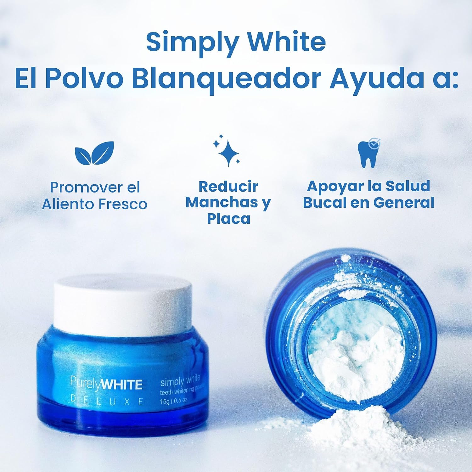 PurelyWHITE DELUXE, Polvo Blanqueador - Elimina Manchas, Sin Sensibilidad - Polvo Blanqueador Seguro para el Esmalte para Manchas de Café, Té, Comida, Vino y Tabaco.