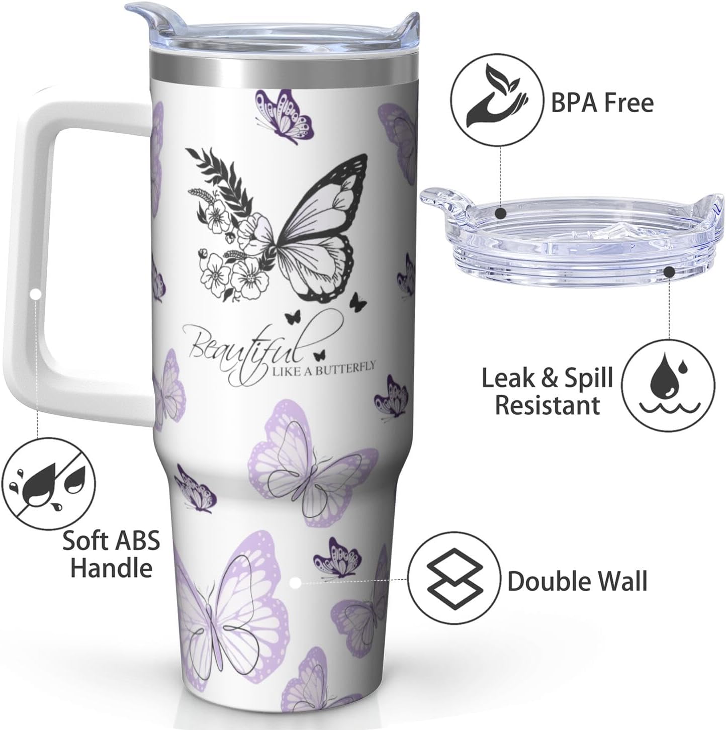 Vaso de mariposa con asa y pajita, botella de agua de viaje de 30 onzas con tapa, taza aislada de acero inoxidable, regalos de cumpleaños para mujeres amantes de los animales