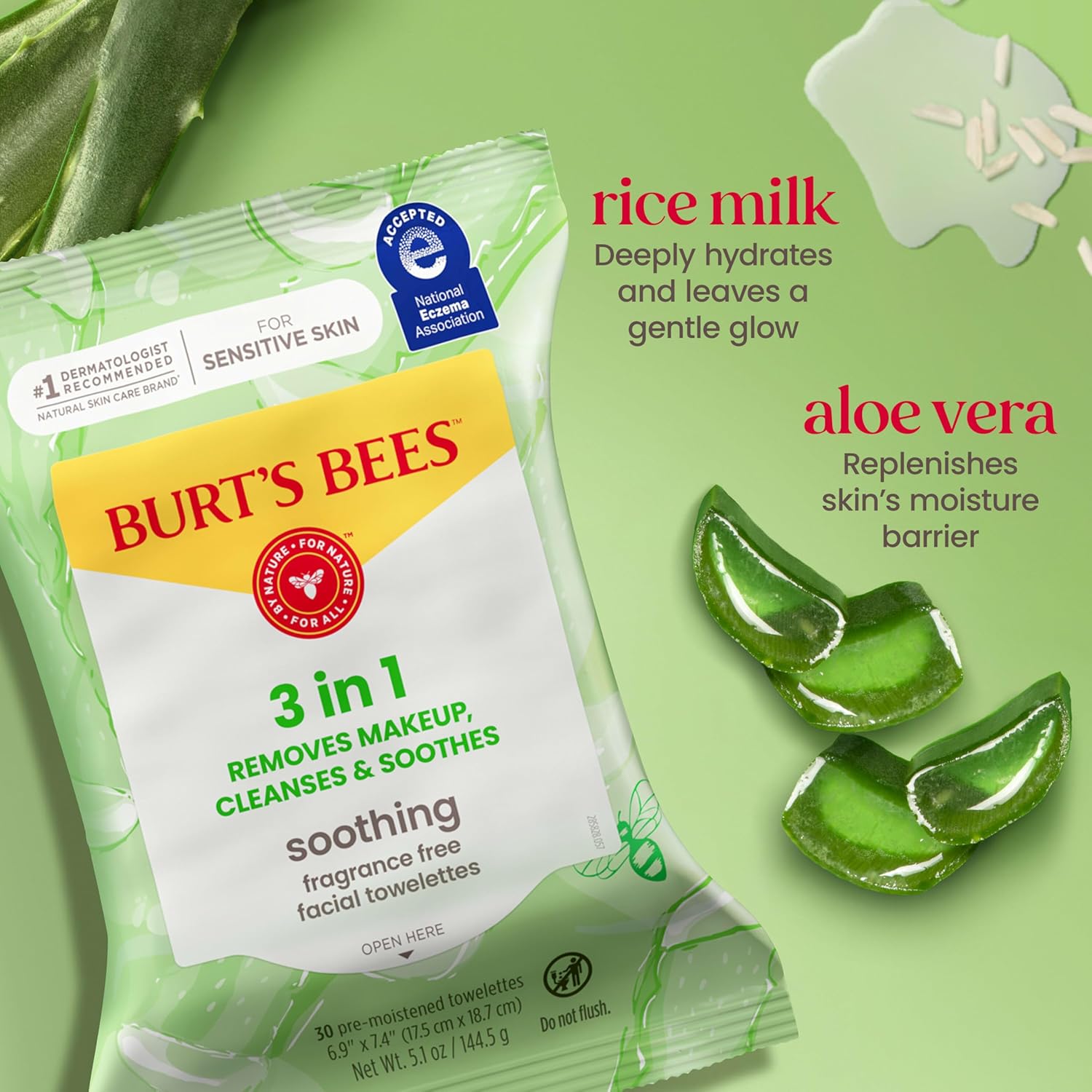 Burt's Bees Soothing Fragrance Free Facial Towelettes with Aloe Vera, 100 Percent Plant Based Cloth Makeup Remover Wipes for Sensitive Skin, 99 Percent Natural Origin Skin Care, 30 ct., Three Pack