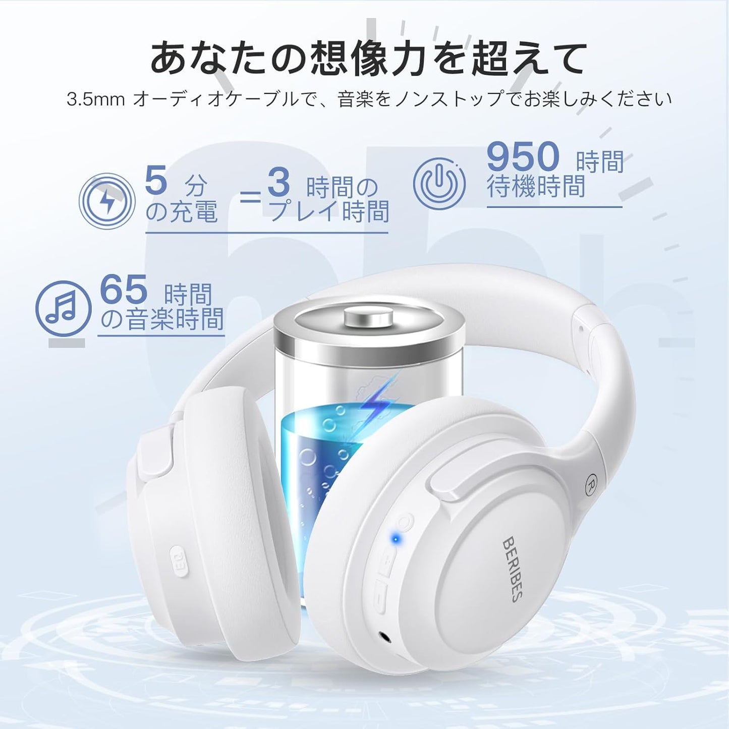 BERIBES Bluetooth Headphones, 65 Hours Playtime, 6 EQ Modes, Wireless Headphones, Bluetooth 6.0, Weighs Only 6.3 oz (180 g), Comfortable Fit, Headphones with Microphone, HIFI Stereo, Wired and Wireless, Dual Use, Noise Insulation, Sealed Type (White)