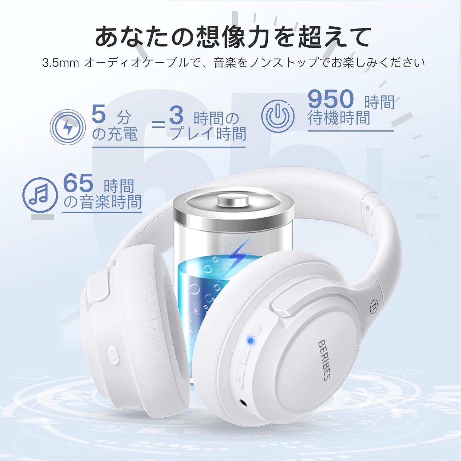 BERIBES Bluetooth Headphones, 65 Hours Playtime, 6 EQ Modes, Wireless Headphones, Bluetooth 6.0, Weighs Only 6.3 oz (180 g), Comfortable Fit, Headphones with Microphone, HIFI Stereo, Wired and Wireless, Dual Use, Noise Insulation, Sealed Type (White)