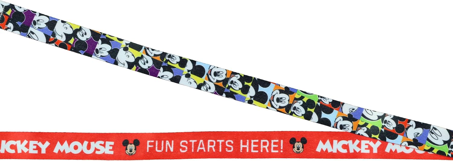 Disney Mickey Mouse Fun Starts Here - Cordón con soporte para tarjeta de identificación y dije de goma de Mickey de 2 pulgadas