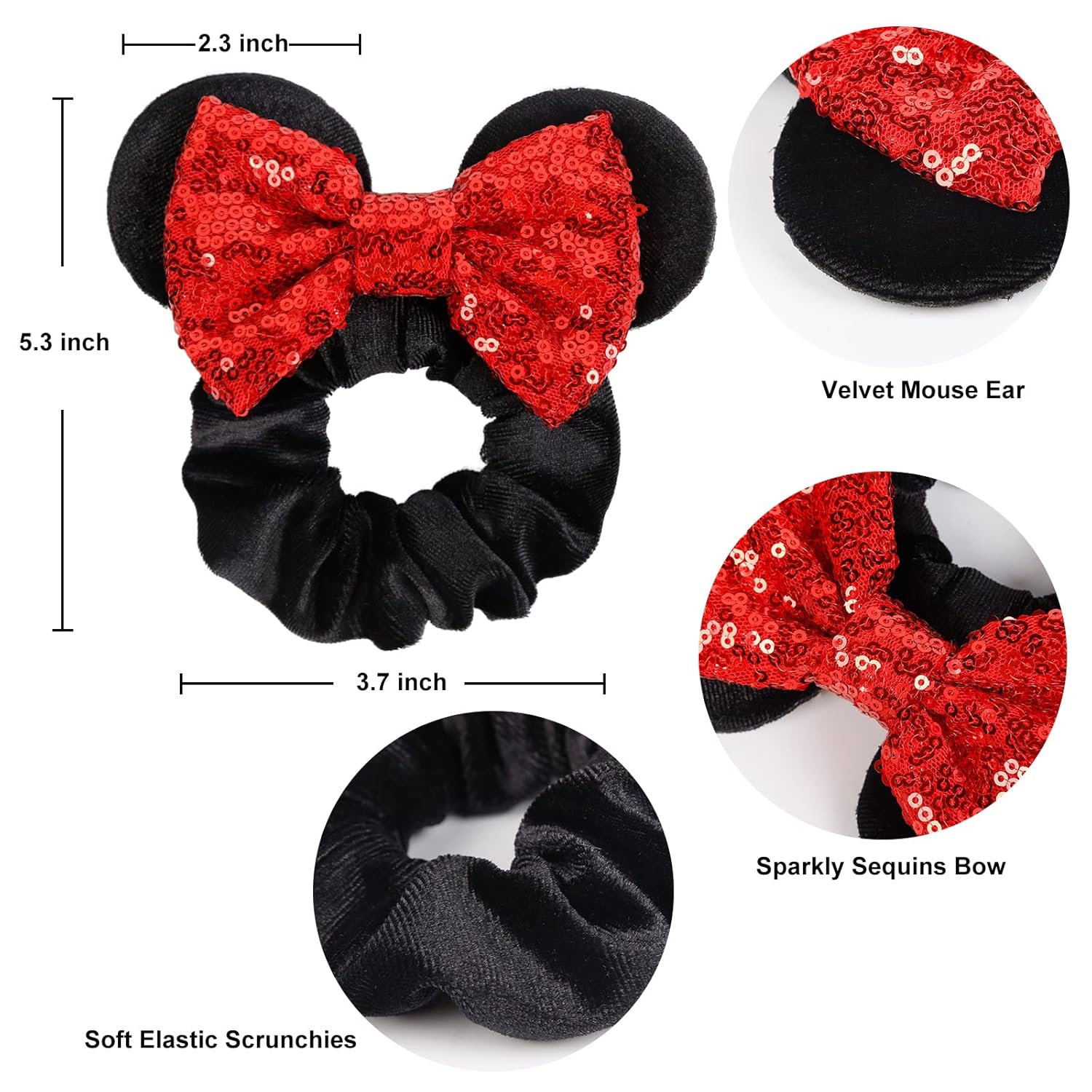 Lazos de pelo con lentejuelas para mujer, lazos de terciopelo con orejas de ratón para coleta, recuerdos de fiesta, disfraz de cosplay, accesorios lindos, rojo y negro