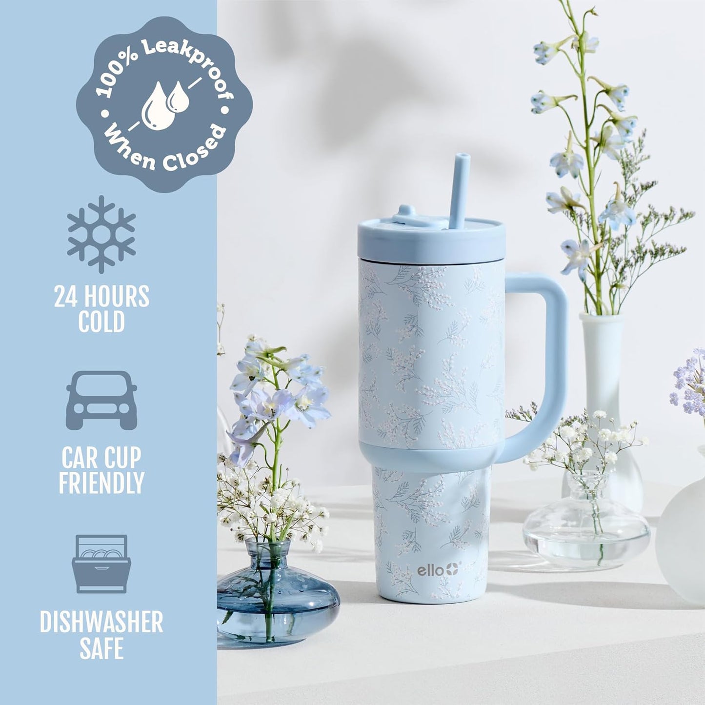 Ello Oasis - Vaso de 30 onzas con asa y pajita retráctil | Taza reutilizable de acero inoxidable aislada 100% a prueba de fugas, regalos para adolescentes, mujeres y hombres | Mantiene el frío durante