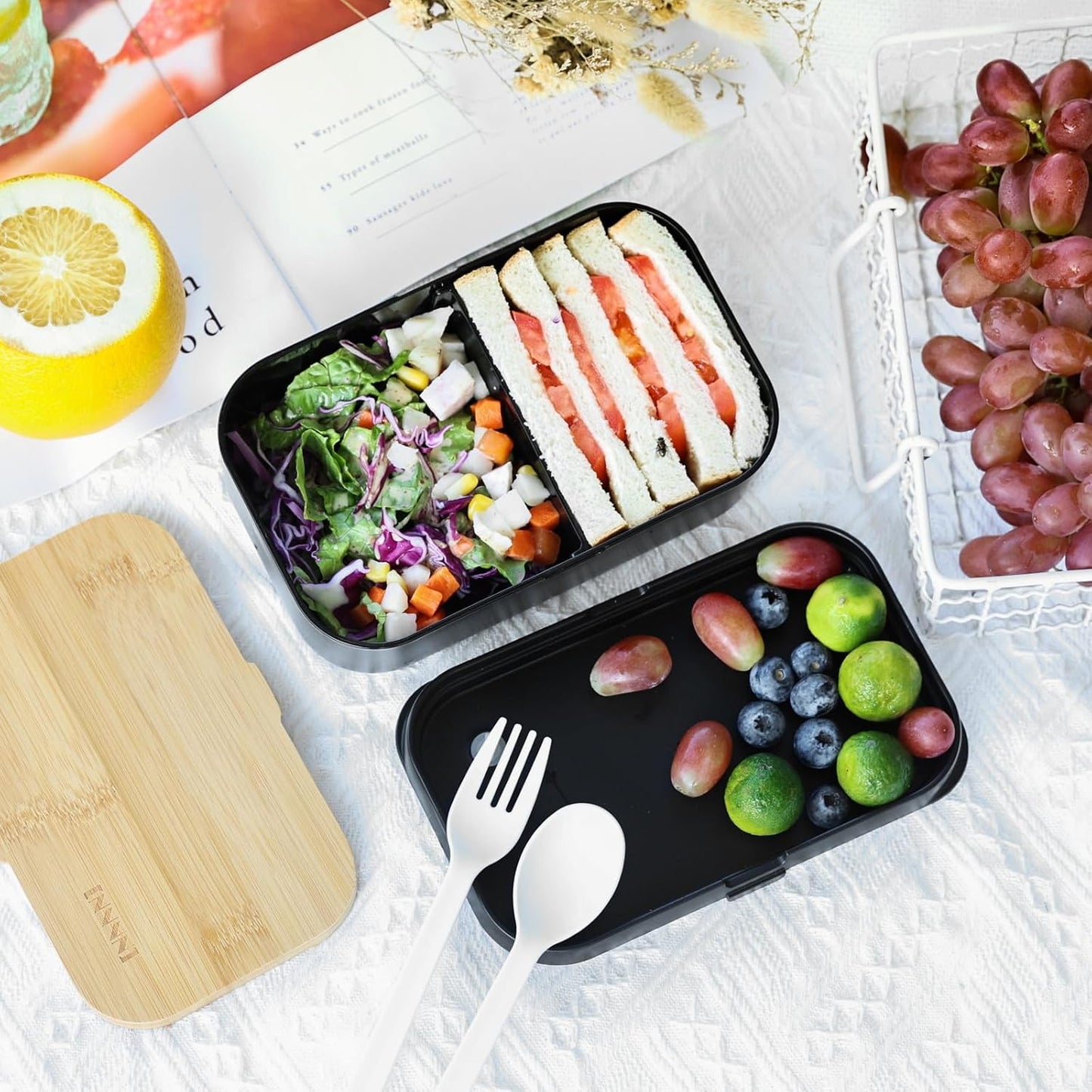 Premium Bento Box for Men 1000ml Lunch Box Large Capacity Salad Black Bamboo Valve Seal Adjustable Dividers Dishwasher Microwave Safe 1 Tier 5 Colors Simple Stylish Easy