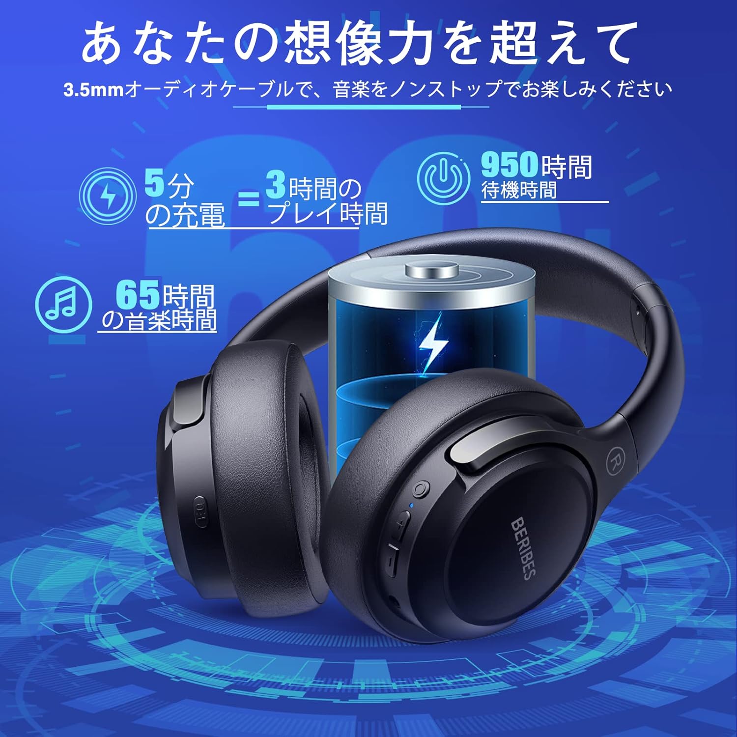 BERIBES Bluetooth Headphones, 65 Hours Playtime, 6 EQ Modes, Wireless Headphones, Bluetooth 6.0, Weighs Only 180g, Comfortable Fit, Headphones with Microphone, HIFI Stereo, Wired and Wireless, Dual Use, Noise Isolation, Sealed Type (Black)