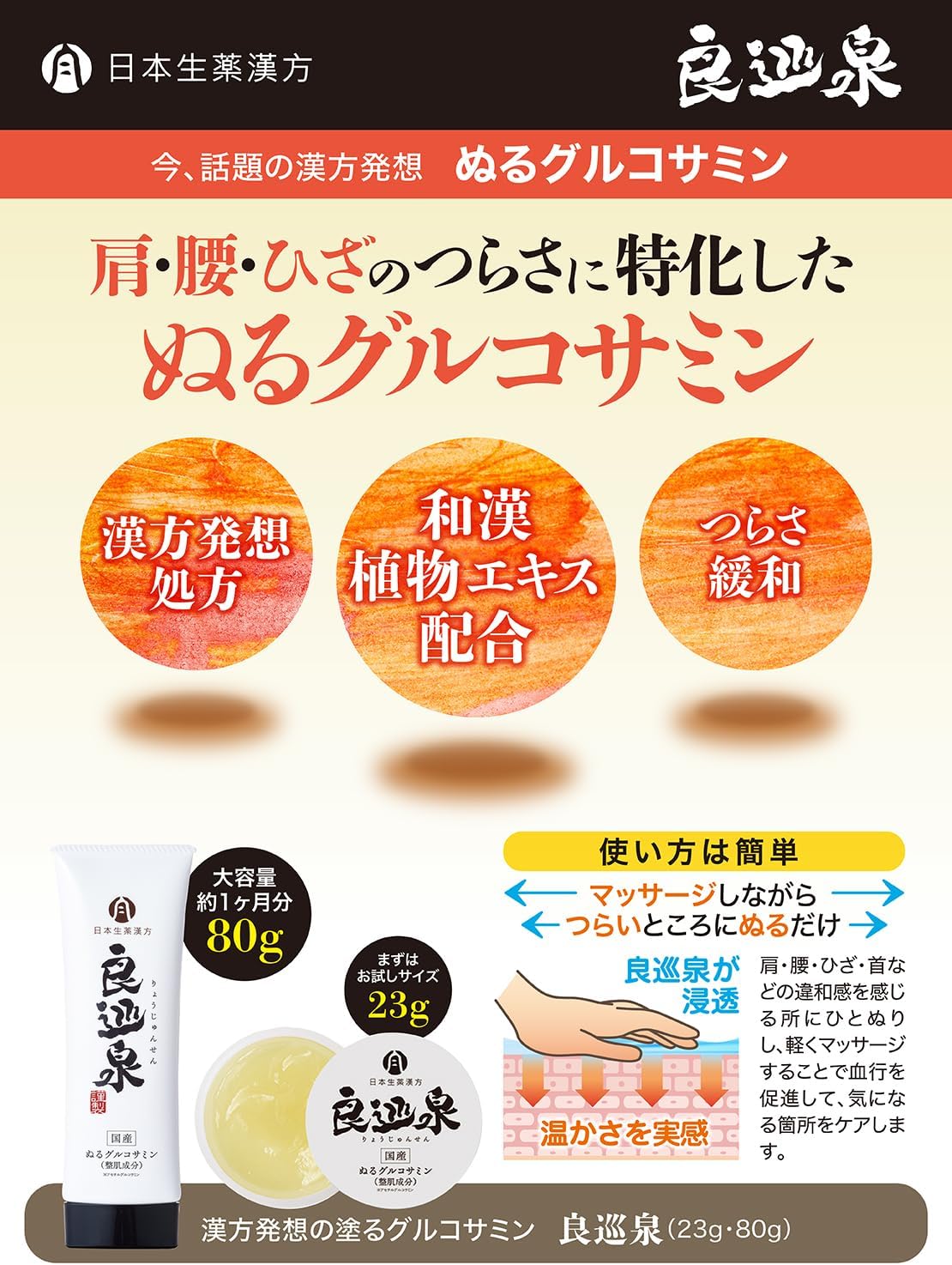 Raku-Raku Glucosamine Warming Massage Cream, Japanese Herbal Medicine, Ryojunsen, 2.8 oz (80 g)