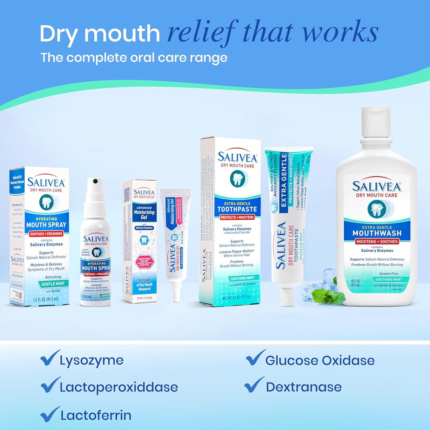 SALIVEA Dry Mouth Mouthwash Soothing Mint Flavor 16 oz Bottle Pack of 2 | Natural salivary enzymes gently freshen breath and aid daily oral care, sensitive-mouth formula for kids and adults