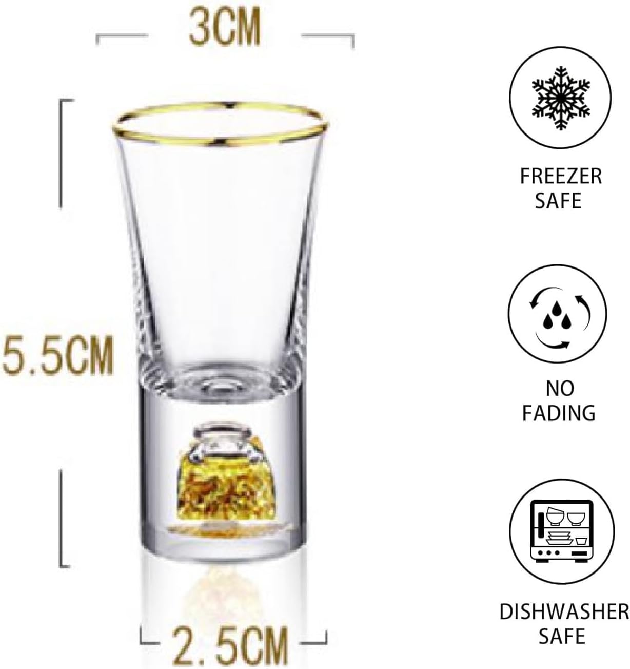 【morningplace】Crystal Shot Glass Heavy Base with 4K Gold Foil Flakes Heat Resistant Cup Gift Tequila Espresso Party (Set of 6)