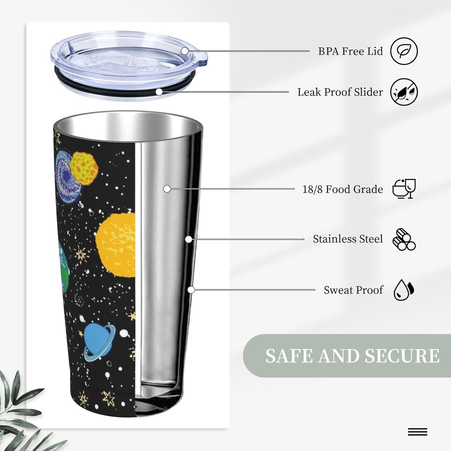 Space - Vaso de 20 onzas con tapa y popote para mujeres y hombres, taza aislada de planetas del sistema solar, diseño de estrellas, vaso de acero inoxidable dibujado a mano, vaso de acero