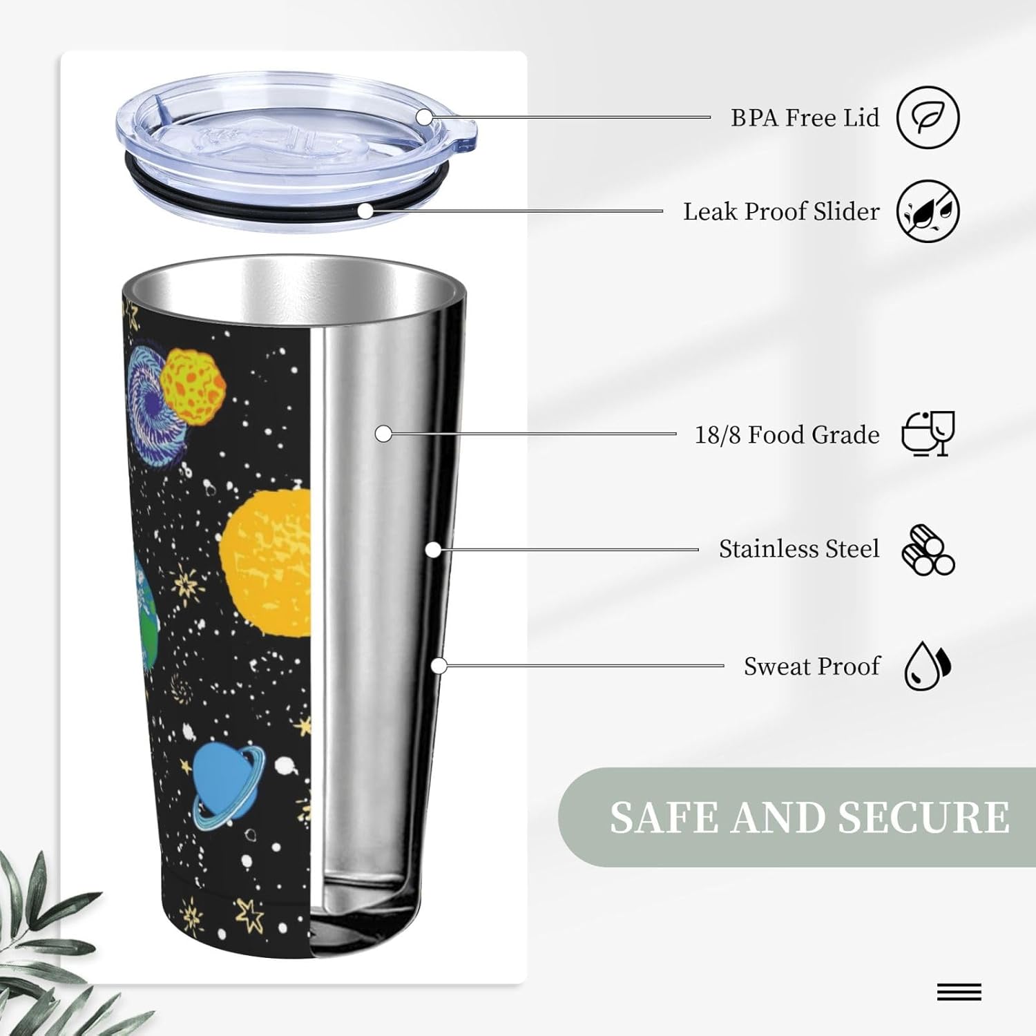 Space - Vaso de 20 onzas con tapa y popote para mujeres y hombres, taza aislada de planetas del sistema solar, diseño de estrellas, vaso de acero inoxidable dibujado a mano, vaso de acero