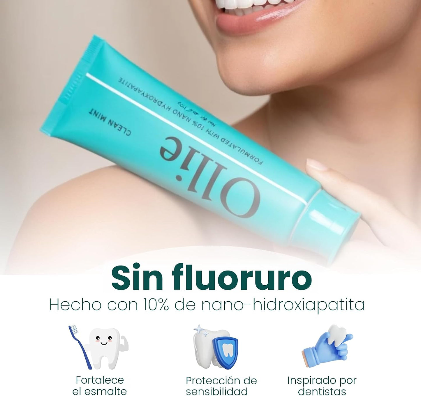 Ollie Pasta de dientes 10% Nano hidroxiapatita sin flúor para esmalte remineralizante, dientes sensibles y blanqueamiento, menta limpia, 4 onzas (paquete de 1)