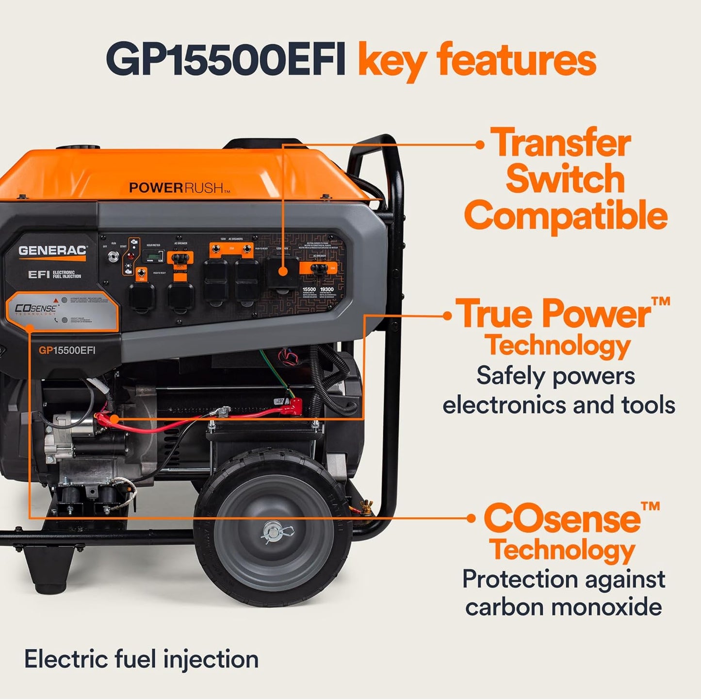 Generac 15,500 Watt Gas Powered Portable Generator - Powerful Electronic Fuel Injection Engine - COsense Technology - Emergency Backup Power and Field - 49 State Compliant - Home Orange / Black