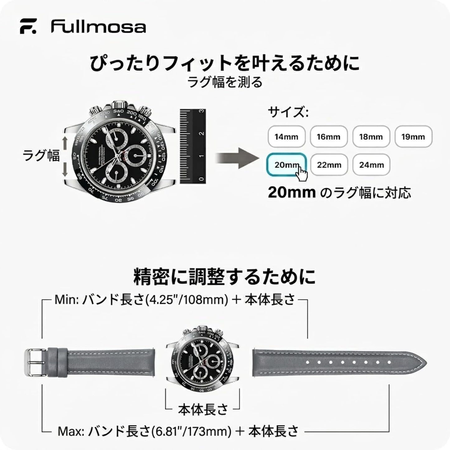 Fullmosa Genuine Leather 20mm Top Grain Leather Strap Watch Replacement Band Smart Watch Band for Men and Women (20mm, Gray)