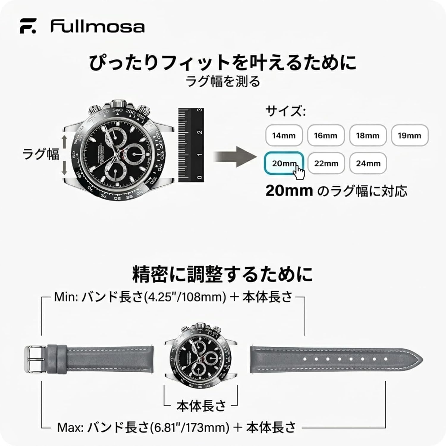 Fullmosa Genuine Leather 20mm Top Grain Leather Strap Watch Replacement Band Smart Watch Band for Men and Women (20mm, Gray)