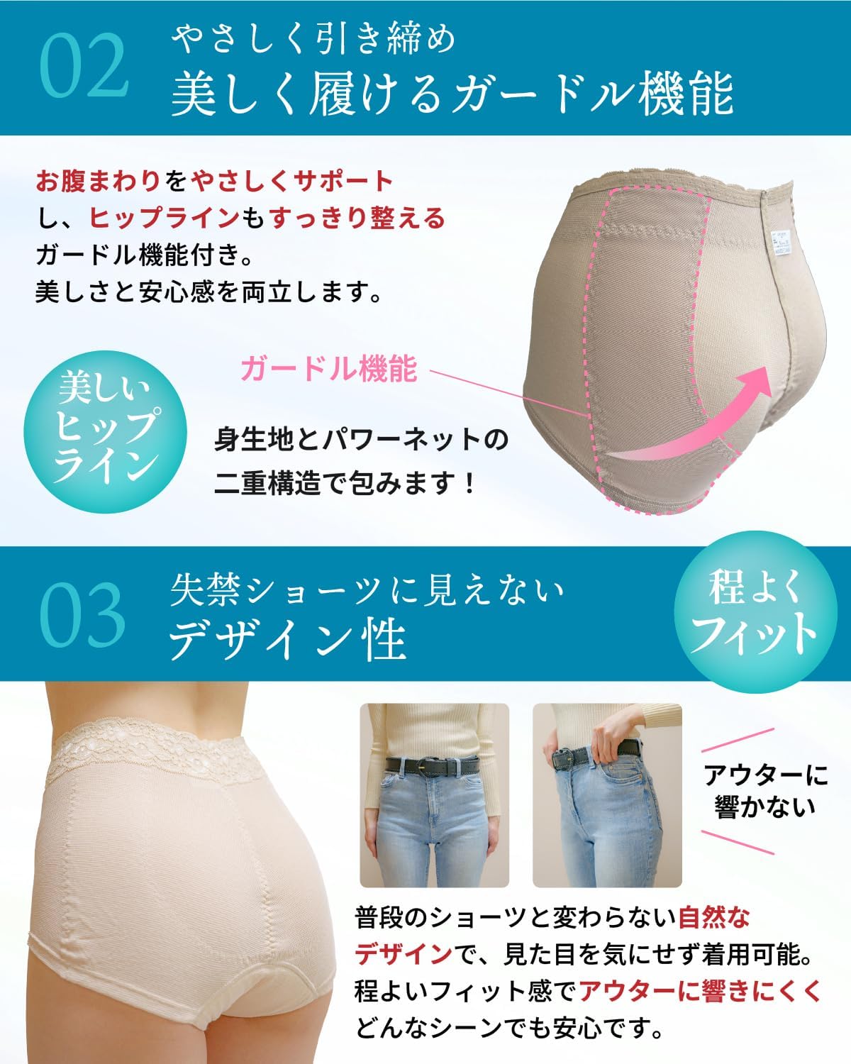 [With Girdle Function] 50cc Incontinence Panties, 99% Deodorizing, Water Absorption, Leakage, Light Incontinence, Made in Japan, Water Absorption Sheet, [Recommended for Active Nurses] Odor Control