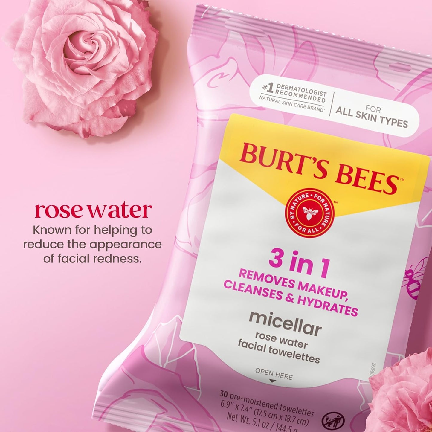 Burts Bees - Toallas faciales micelar de agua de rosas, 100% tela a base de plantas; 99% origen natural; quita el maquillaje, limpia, hidrata; sin residuos grasos y grasos; todo tipo de piel; 30 unidades, paquete de 3 (paquete puede variar)