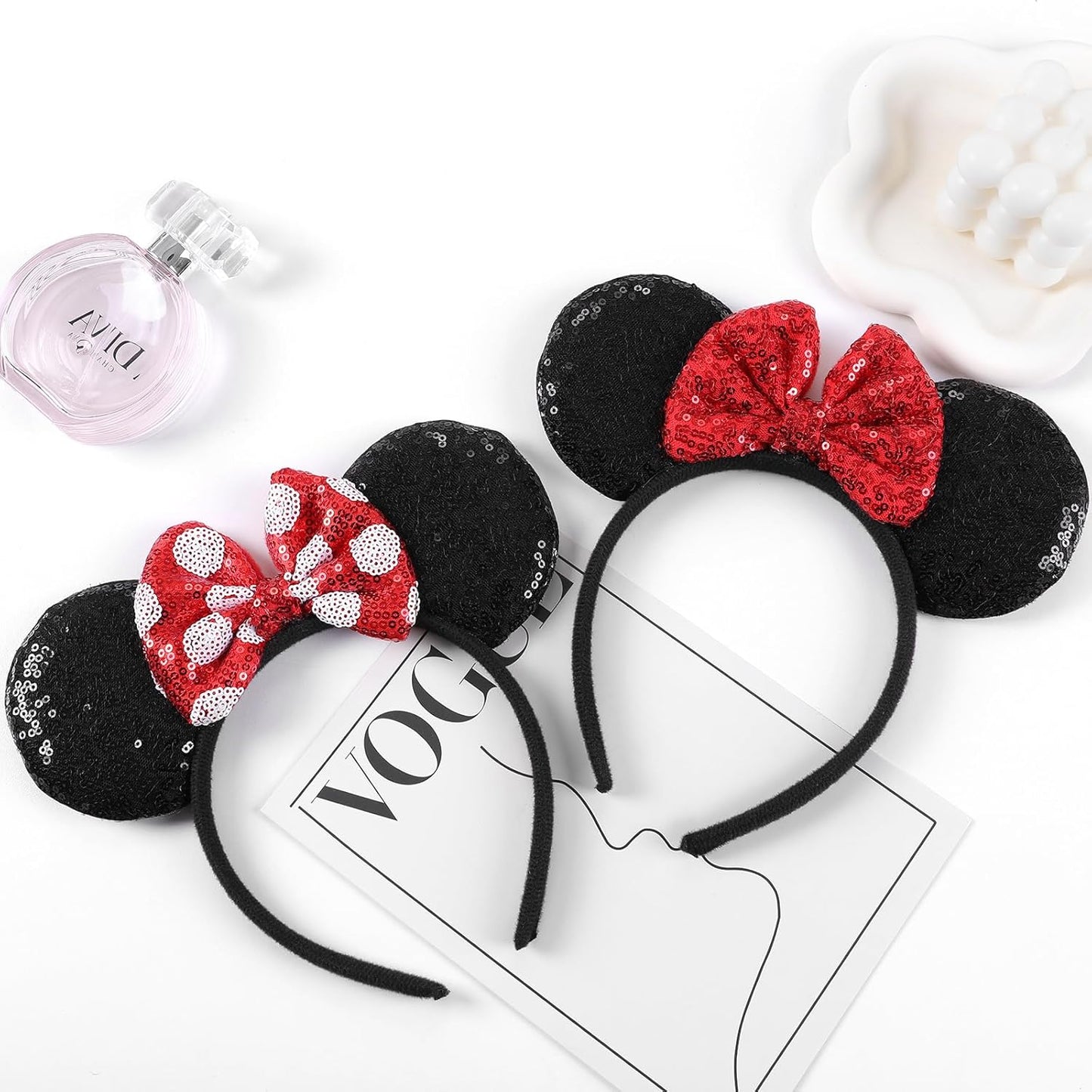2 piezas de diademas con orejas de ratón y lentejuelas rojas, diademas con arcos brillantes, una adición perfecta a tus accesorios esenciales de viaje para mujeres, niñas, decoración de