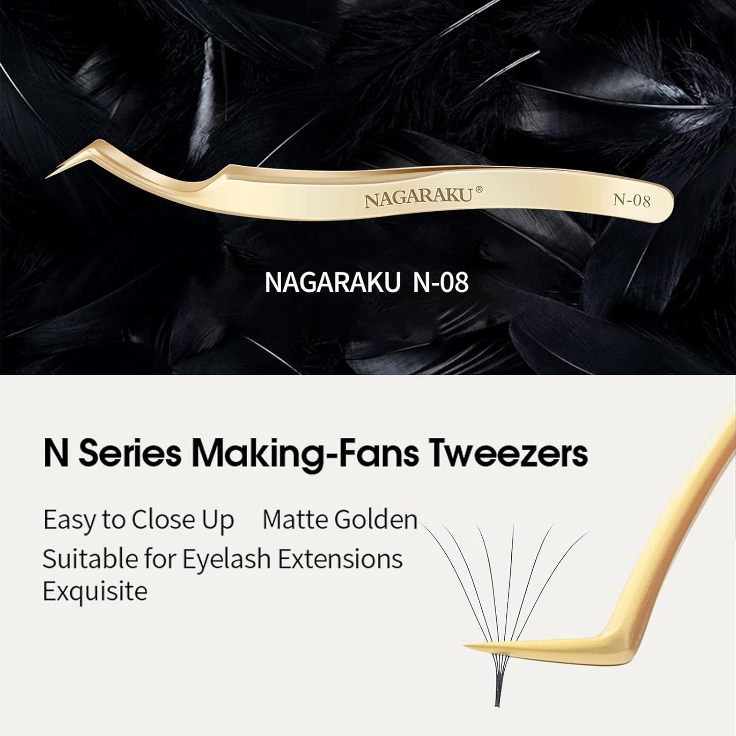 NAGARAKU Eyelash Extension Tweezers Gold Curved Angle Volume Cluster Precision Ultralight Stainless Steel (N-08)