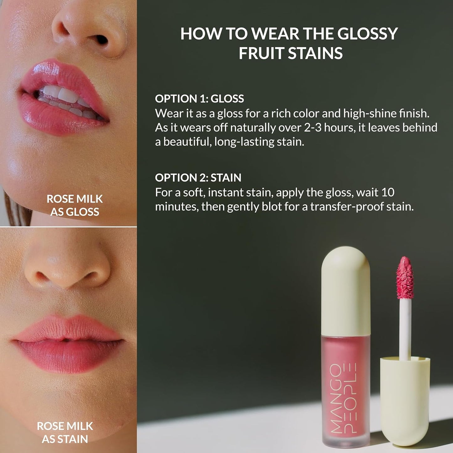Mango People Tinte labial hidratante brillante de frutas, brillo 2 en 1 para manchas de larga duración, tinte y tinte de aceite, maquillaje de labios ligero con acabado de alto brillo para labios