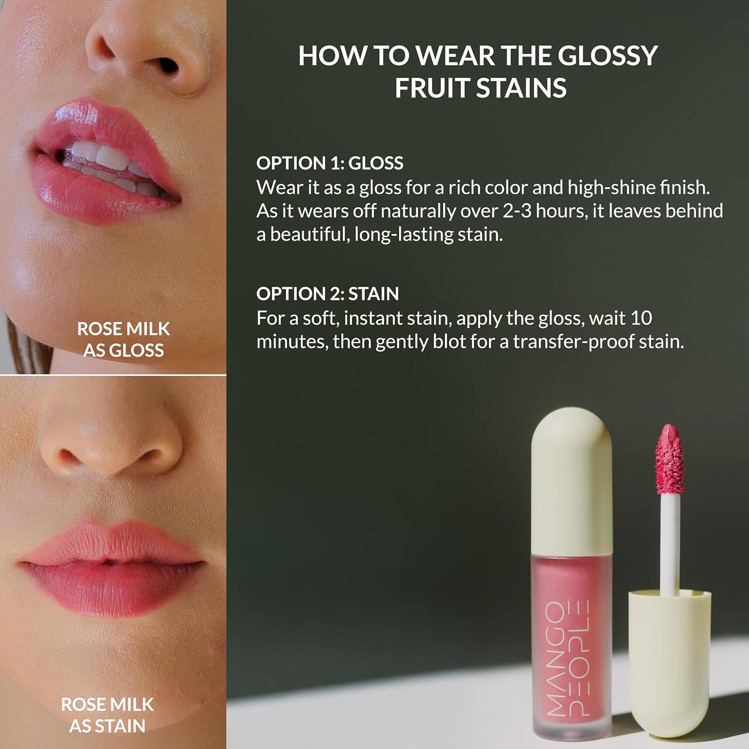 Mango People Tinte labial hidratante brillante de frutas, brillo 2 en 1 para manchas de larga duración, tinte y tinte de aceite, maquillaje de labios ligero con acabado de alto brillo para labios