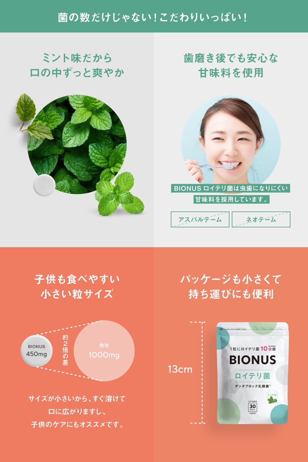 Bionas Reuteri Tablets, Xylitol, Live Lactic Acid Bacteria, 1 Billion Counts, Dentablock Lactic Acid Bacteria, Etiquette, Small Supplement, Probiotics, Mint Flavor, 1 Per Day, 30 Day Supply