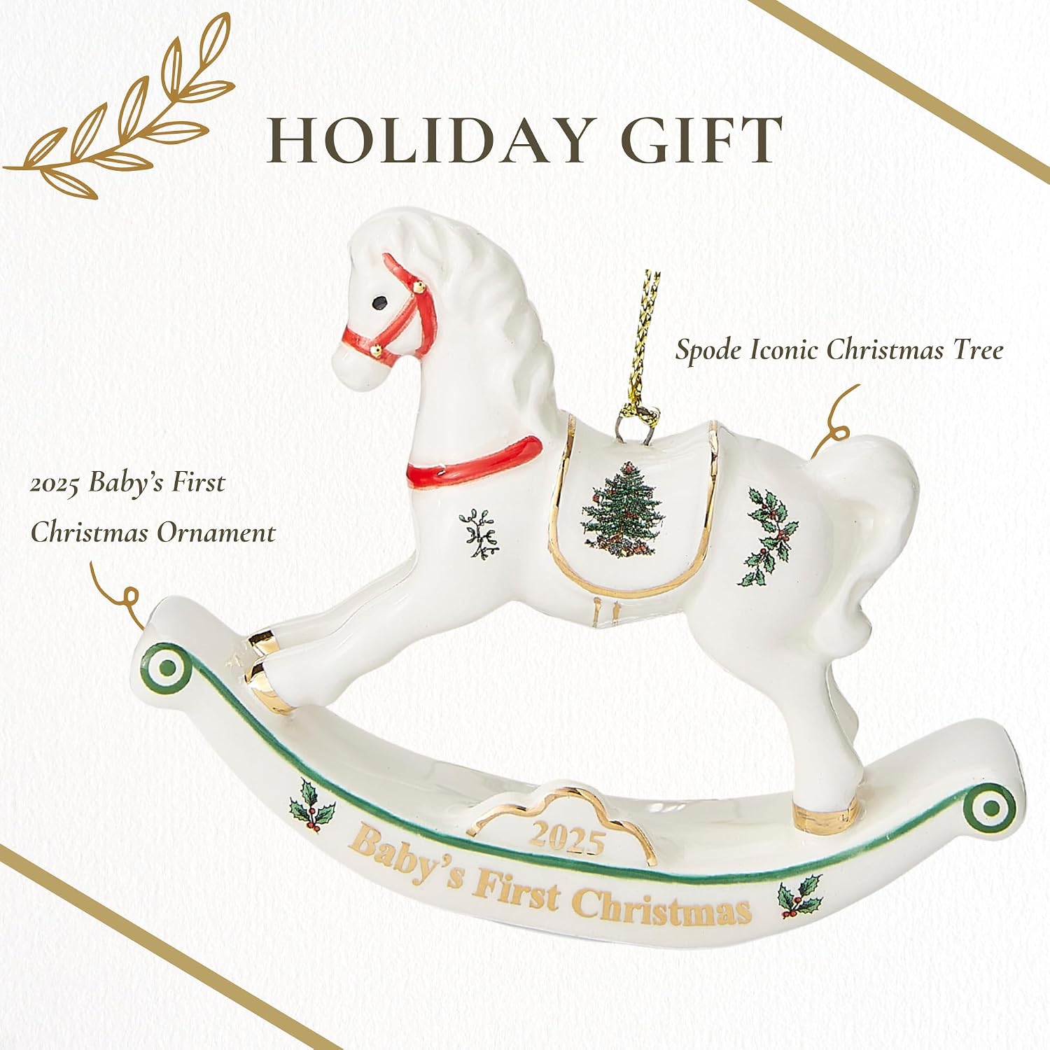 Spode Primer Adorno de Caballo 2025, Adorno de Día Festivo de Dolomite Pintado a Mano con Año Impreso, Adorno Único de Árbol de Navidad Celebrando Nuevo Hogar, Recuerdo de Vacaciones y Adorno de Árbol