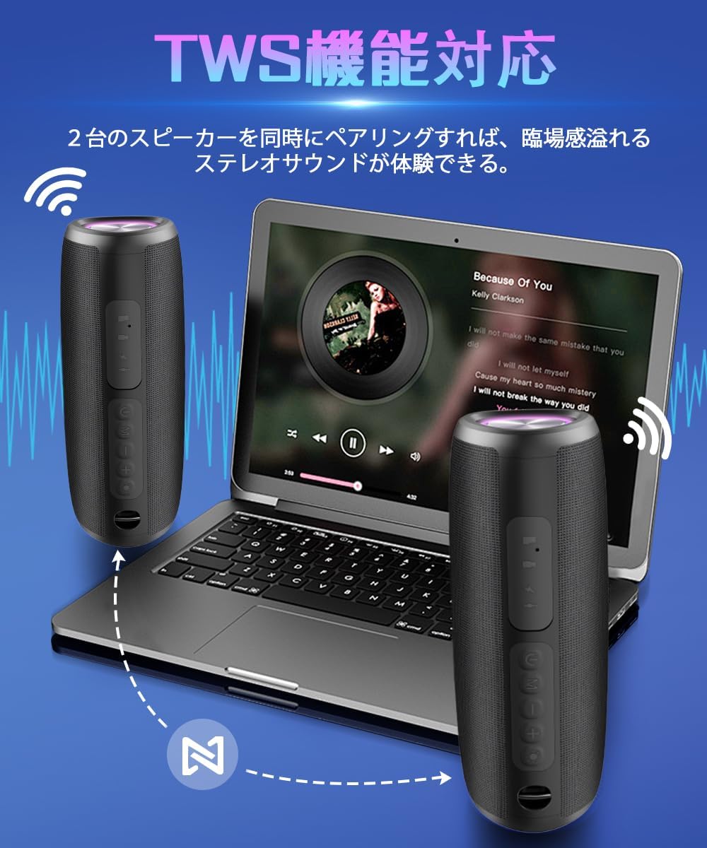 Bluetooth Speaker, Wireless Speaker, 24 Hours Continuous Playback, TWS Function, Type-C Rechargeable, Built-in Bluetooth/TF Card/Microphone, Hands-free Calling, Easy to Carry, Black, Japanese