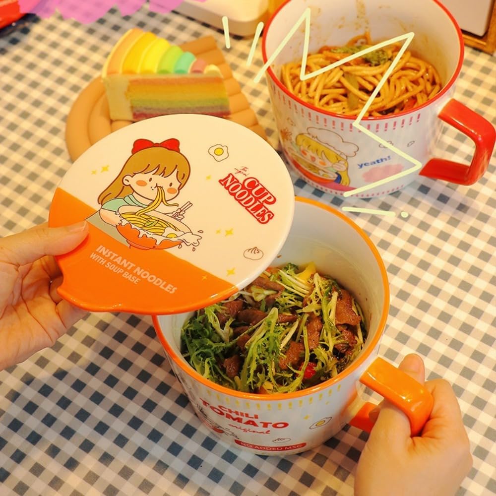 SIzlaho Instant Ramen Bowl with Ceramic Lid, Cute, Girly Ramen Bowl Donburi Bowl Noodle Bowl Ramen Bowl Instant Ramen Dry Noodles Sachet Noodles Instant Noodles Rice Bowl Boiled Bowl Salad Bowl