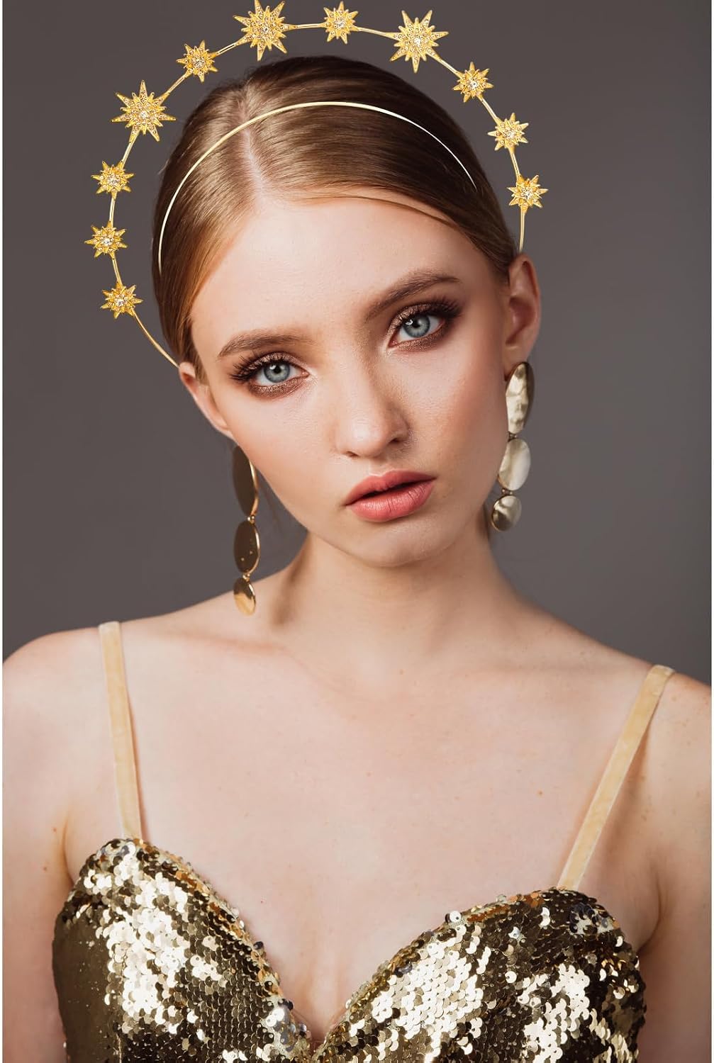 Gold Halo Star Crown Headband - Rhinestone Star Crown Headband for Women, Celestial Tiara Hair Accessories, Shiny Sparkly Headband for Birthday Party & Cosplay