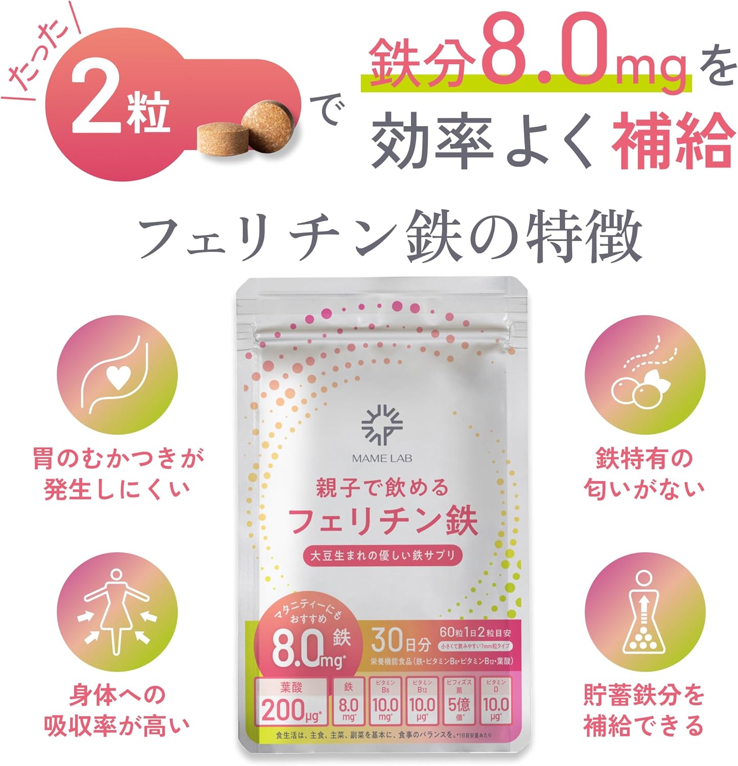 Iron and Folic Acid Supplement for Parents and Children 8mg Ferritin Iron Iron Supplement [Renewed Version] Storage Iron Bifidobacterium Nutritional Functional Food 60 Tablets for 30 Days
