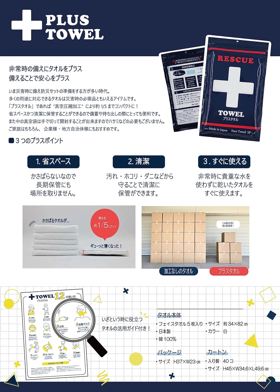 Disaster Preparedness Storage Compressed Towel, Plastic Towel, No Water Required, White Face Towel, 13.4 x 32.3 inches (34 x 82 cm), White, Senshu Towel, Made in Japan, Set of 5