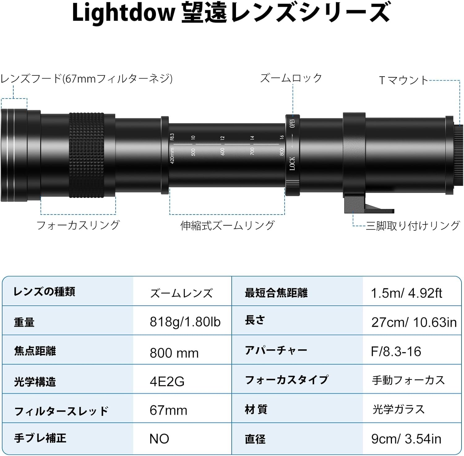 Lightdow EF/EF-S レンズfor Canon 望遠ズームレンズ 420-800mm f/8.3-16 forキヤノンEOS Kiss X10i X10 X9i X9 X8i X7i X6i X5 X4 X3 X2 X90 X70 90D 80D 70D 60D一眼レフレンズ