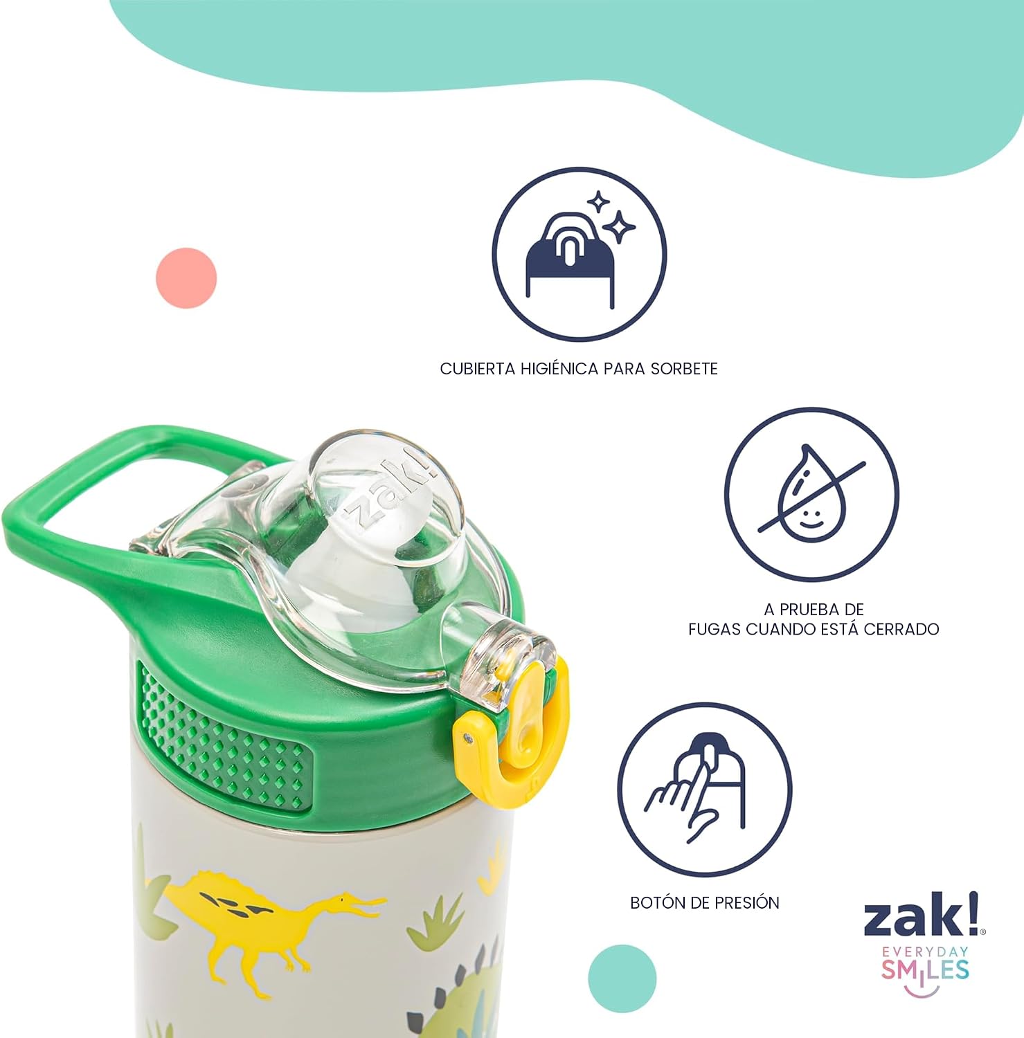 Zak Designs Disney Sage - Botella de agua para niños para la escuela o viajes, botella de agua de acero inoxidable de 19 onzas con pajita, asa y tapa de boquilla desplegable a prueba de fugas (Stitch)