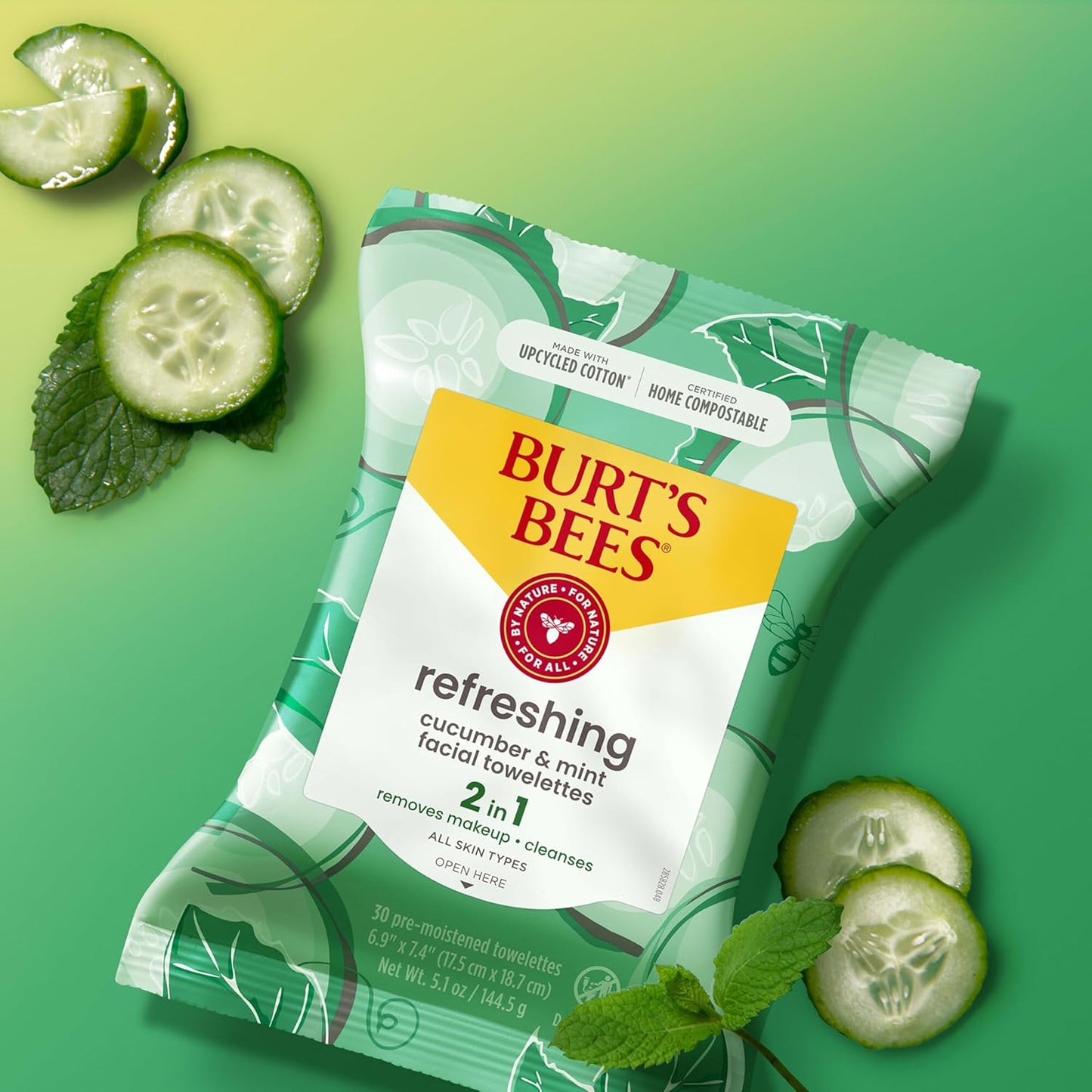 Burt's Bees Rellenos para calcetines, Toallitas faciales de pepino y menta, para todo tipo de piel, Toallitas refrescantes para remover maquillaje y limpieza facial, Regalos de cuidado de la piel para