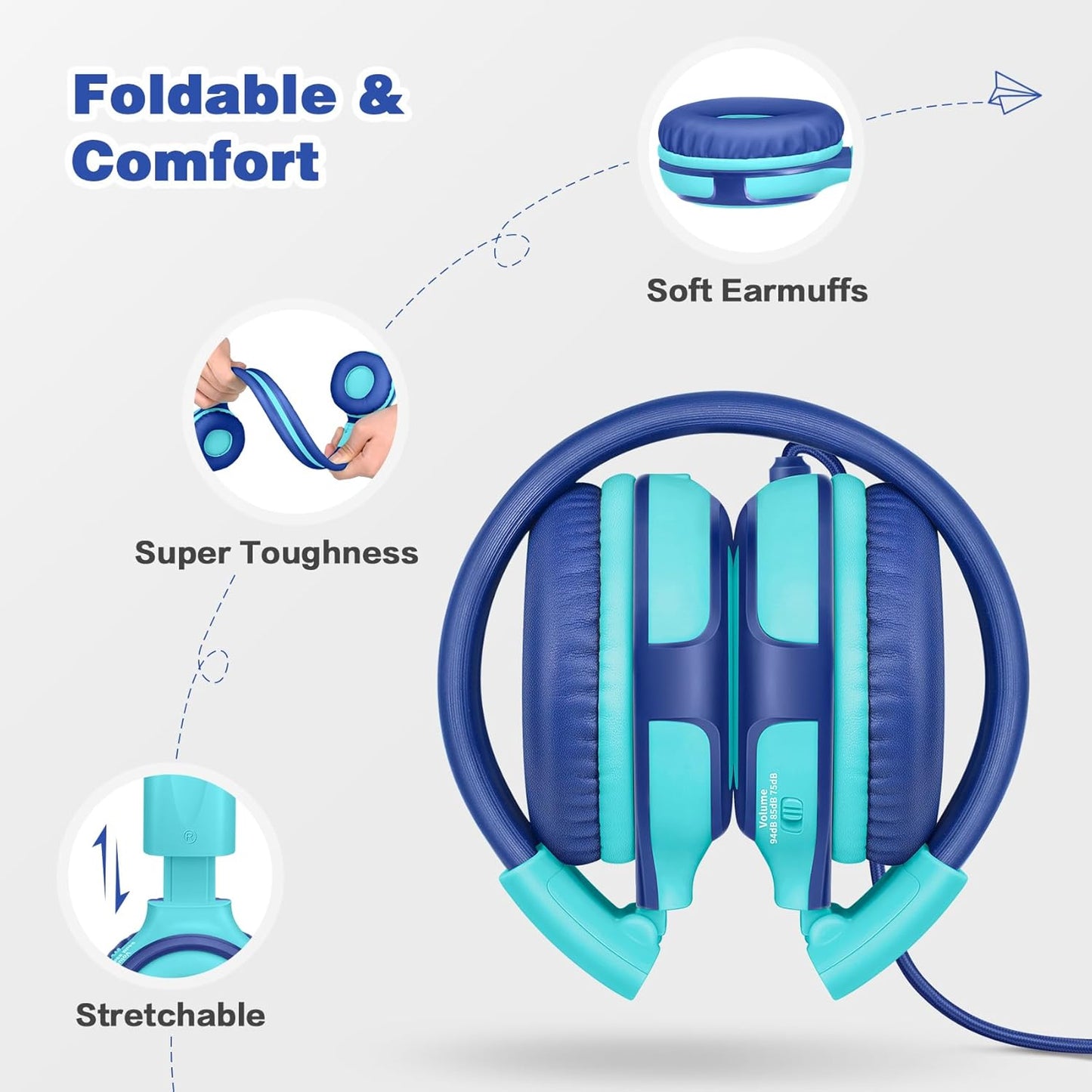 SIMOLIO Manyshare Series - 2 Pack Kids Headphones for School with Sharing Port 75/85/94dB Volume Limited Wired Headphones with Mic for Chromebook iPad Foldable Headset Airplane School Gaming for Boys Girls