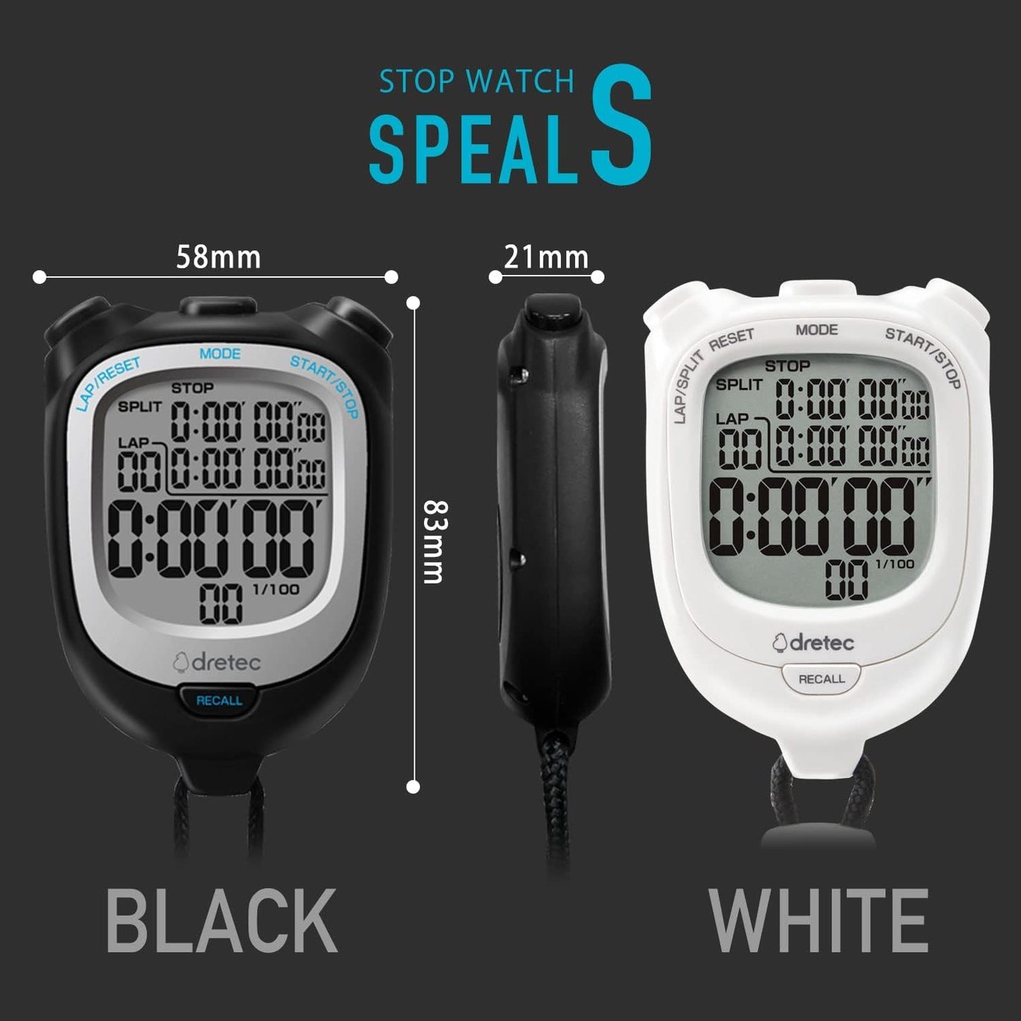 dretec Stopwatch, Easy to Read on Large Screen, Measures in 0.01 Second, Lap/Split Function, Replaceable Batteries, Noise Reducing, Study, Black, Approx. W 2.3 x D 0.8 x H 3.2 inches (58 x 21 x 81 mm)