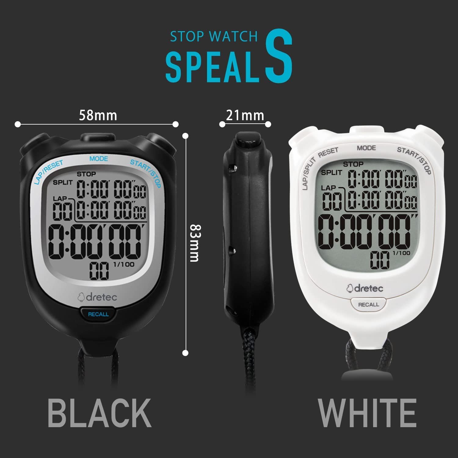 dretec Stopwatch, Easy to Read on Large Screen, Measures in 0.01 Second, Lap/Split Function, Replaceable Batteries, Noise Reducing, Study, Black, Approx. W 2.3 x D 0.8 x H 3.2 inches (58 x 21 x 81 mm)