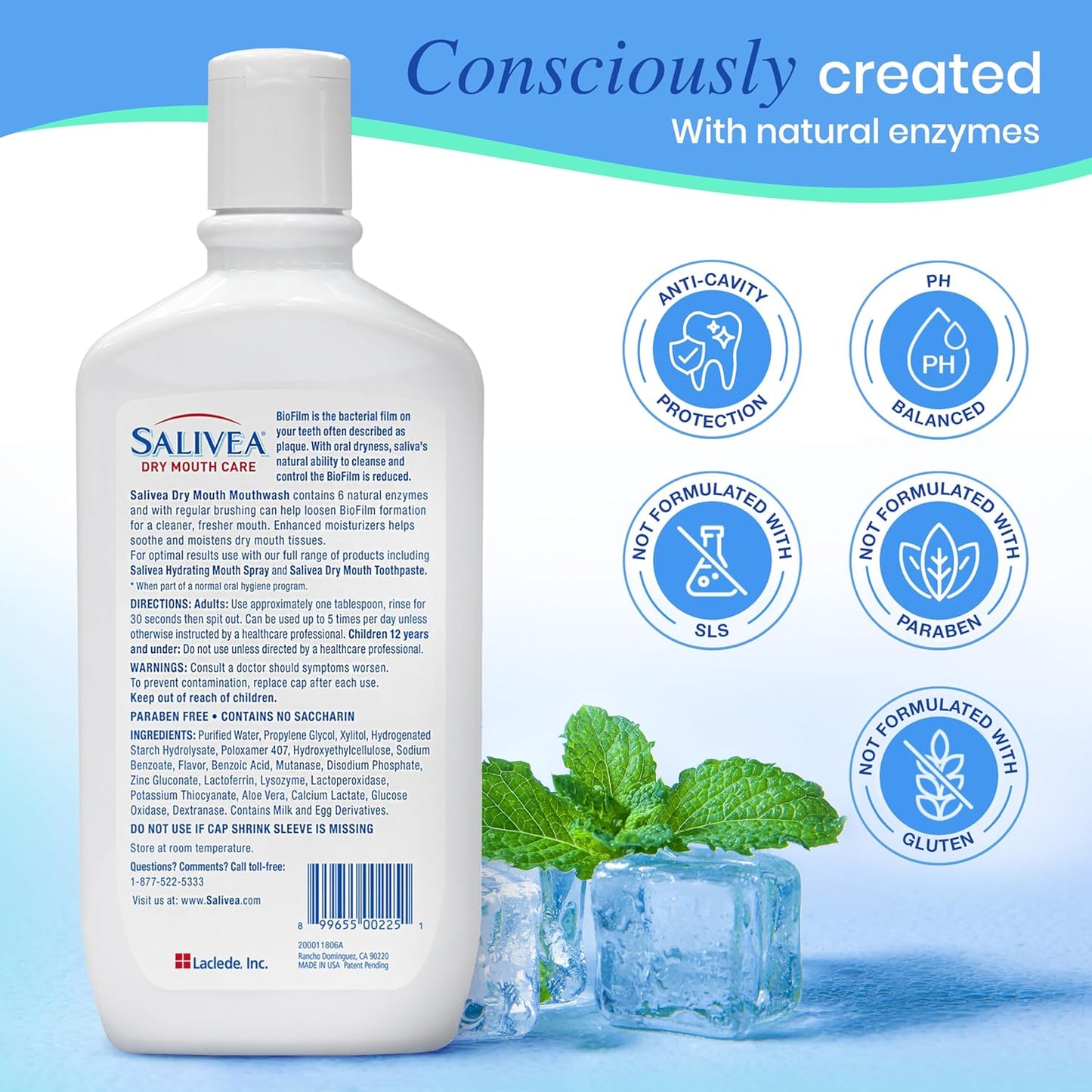 SALIVEA Dry Mouth Mouthwash Soothing Mint Flavor 16 oz Bottle Pack of 2 | Natural salivary enzymes gently freshen breath and aid daily oral care, sensitive-mouth formula for kids and adults