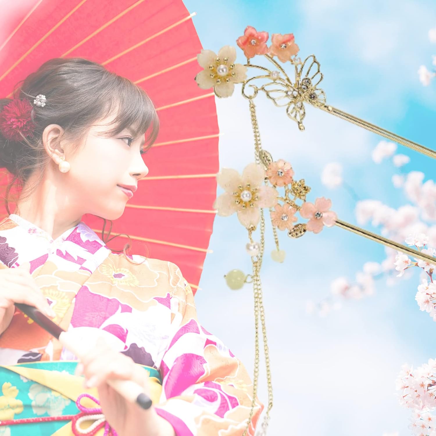 EZ PEACH Cherry Blossom Flower Pearl Hairpin Hair Clip Bangs Hair Closure Kimono Kimono Hair Accessory