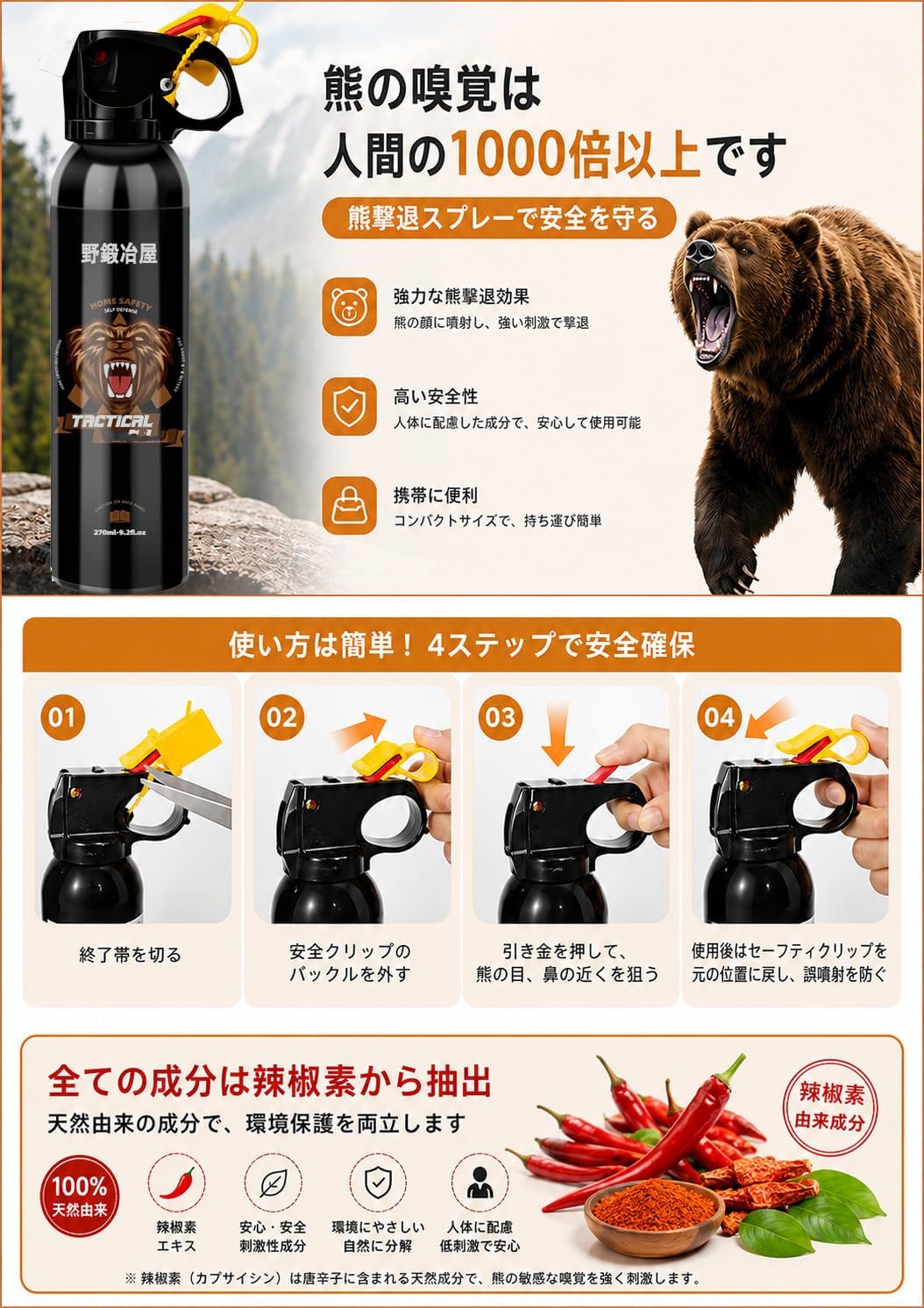 熊撃退スプレー 大容量270ml 熊よけスプレー 最大噴射距離約8〜10m 約30秒連続噴射 ヒグマ・ツキノワグマ対策 有効期限5年