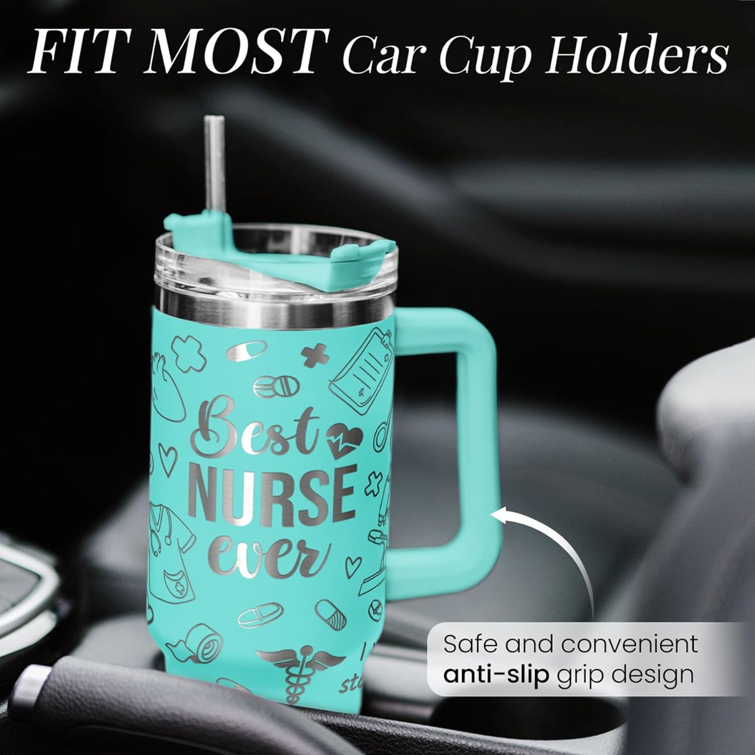 Regalos de enfermera para mujeres, vaso de enfermera con asa, taza de café de acero inoxidable de 40 onzas con tapa con pajilla, regalo de enfermería para enfermeras, regalo de agradecimiento para